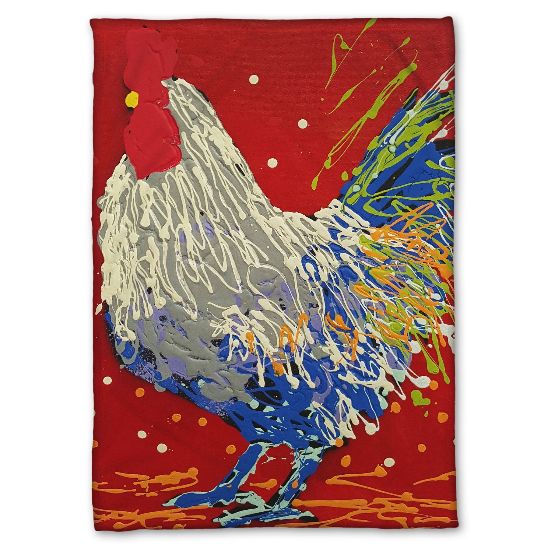 A fleece throw blanket designed with a drip painting of a white, gray, and blue rooster on a red background, accented by yellow and green.