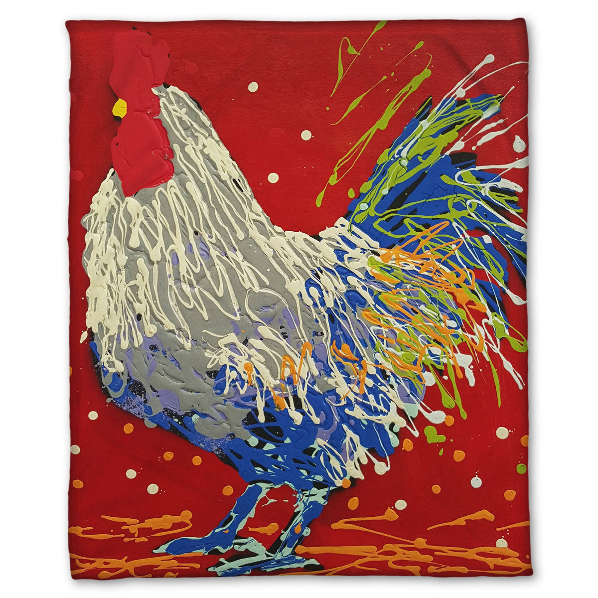 A fleece throw blanket designed with a drip painting of a white, gray, and blue rooster on a red background, accented by yellow and green.