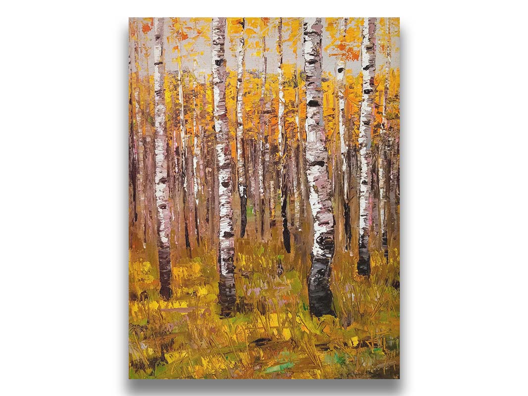 A painting of a yellow fall forest of birch trees. Printed on canvas.