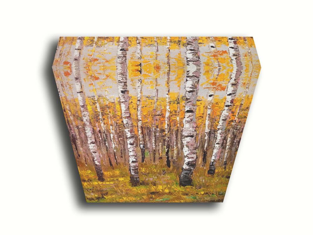 A painting of a yellow fall forest of birch trees. Printed on canvas.