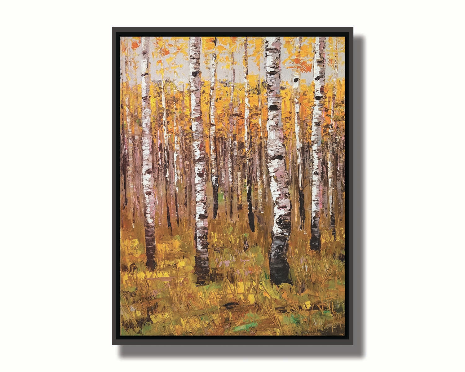 A painting of a yellow fall forest of birch trees. Printed on canvas in a float frame.