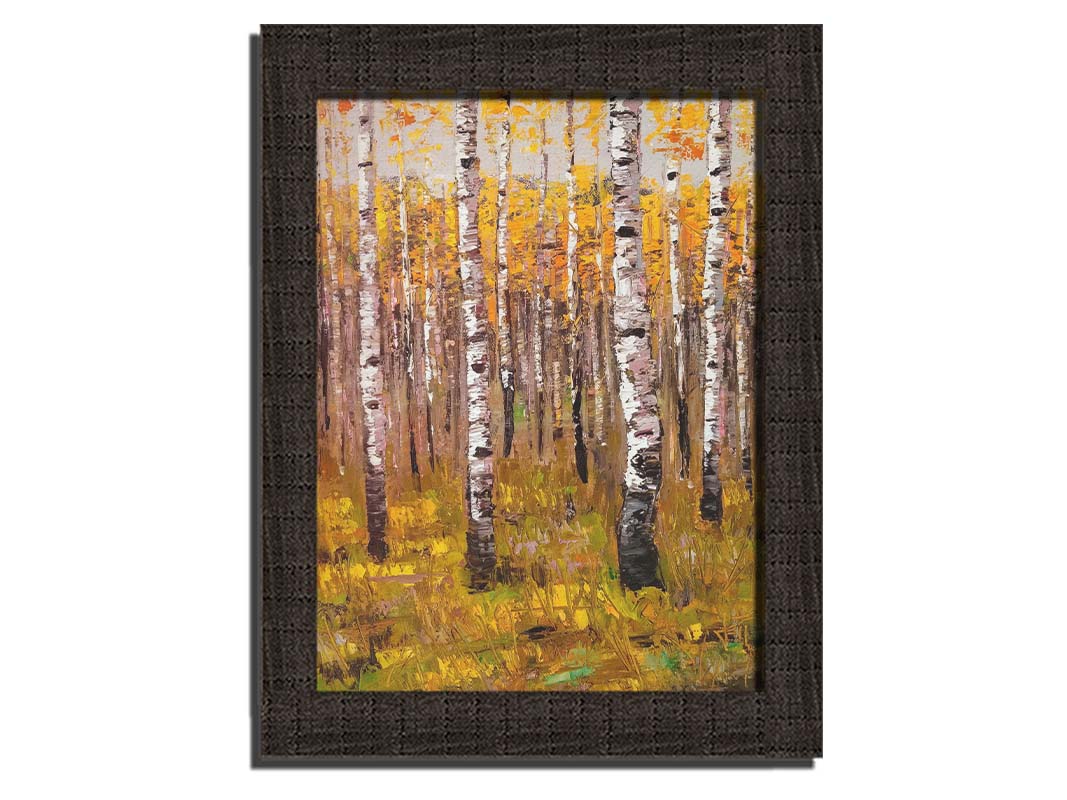 A painting of a yellow fall forest of birch trees. Printed on canvas and framed.