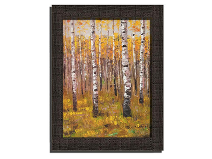 A painting of a yellow fall forest of birch trees. Printed on canvas and framed.