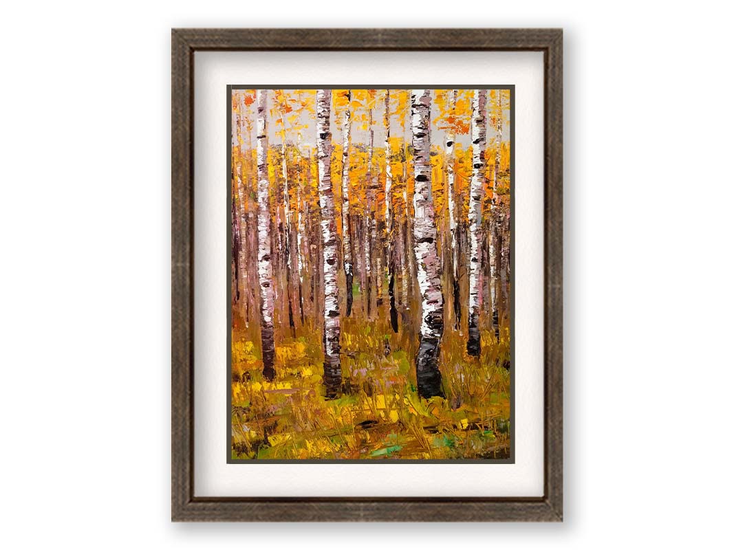 A painting of a yellow fall forest of birch trees. Printed on paper, matted, and framed.