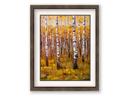 A painting of a yellow fall forest of birch trees. Printed on paper, matted, and framed.