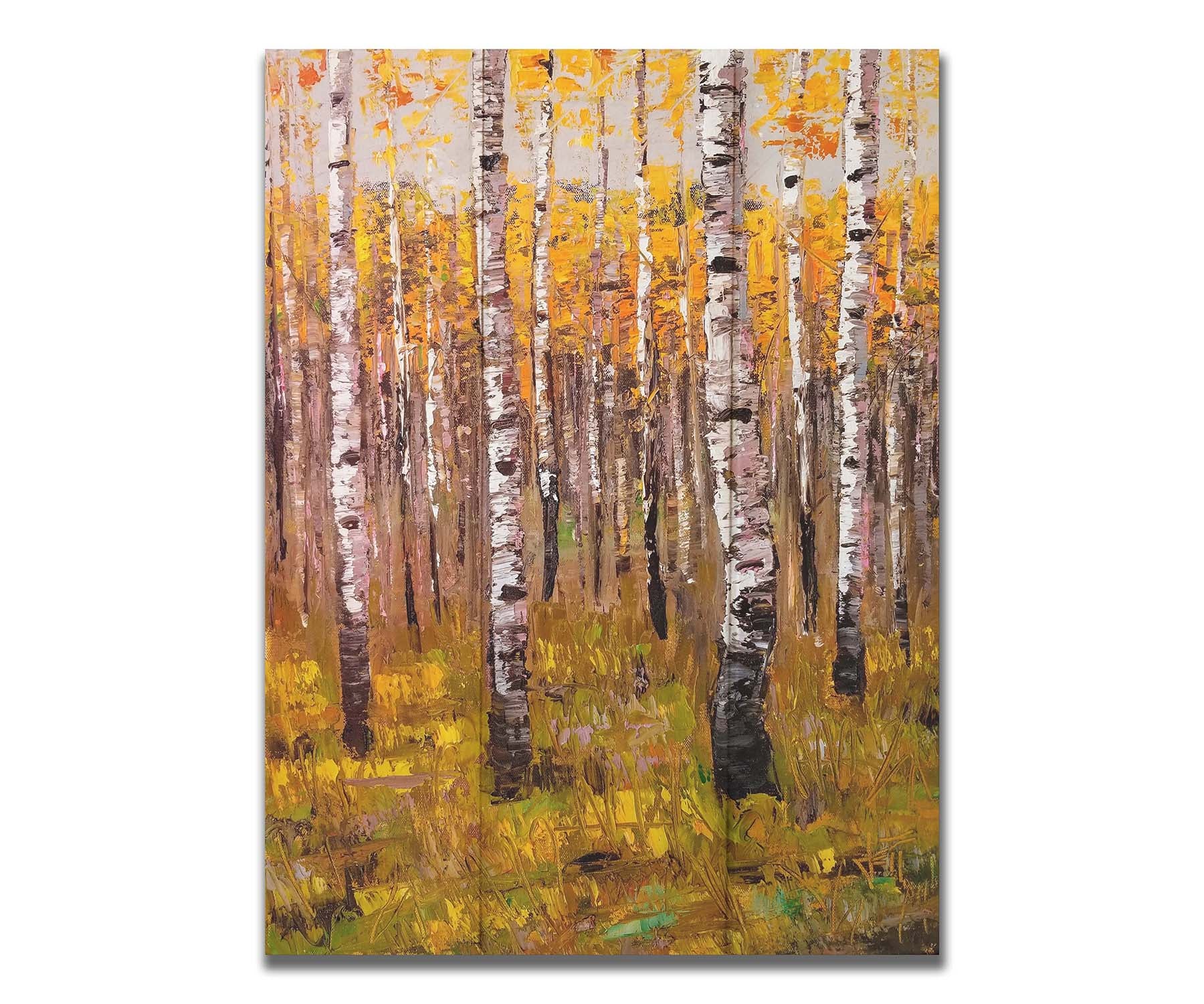 A painting of a yellow fall forest of birch trees. Printed on a box board.