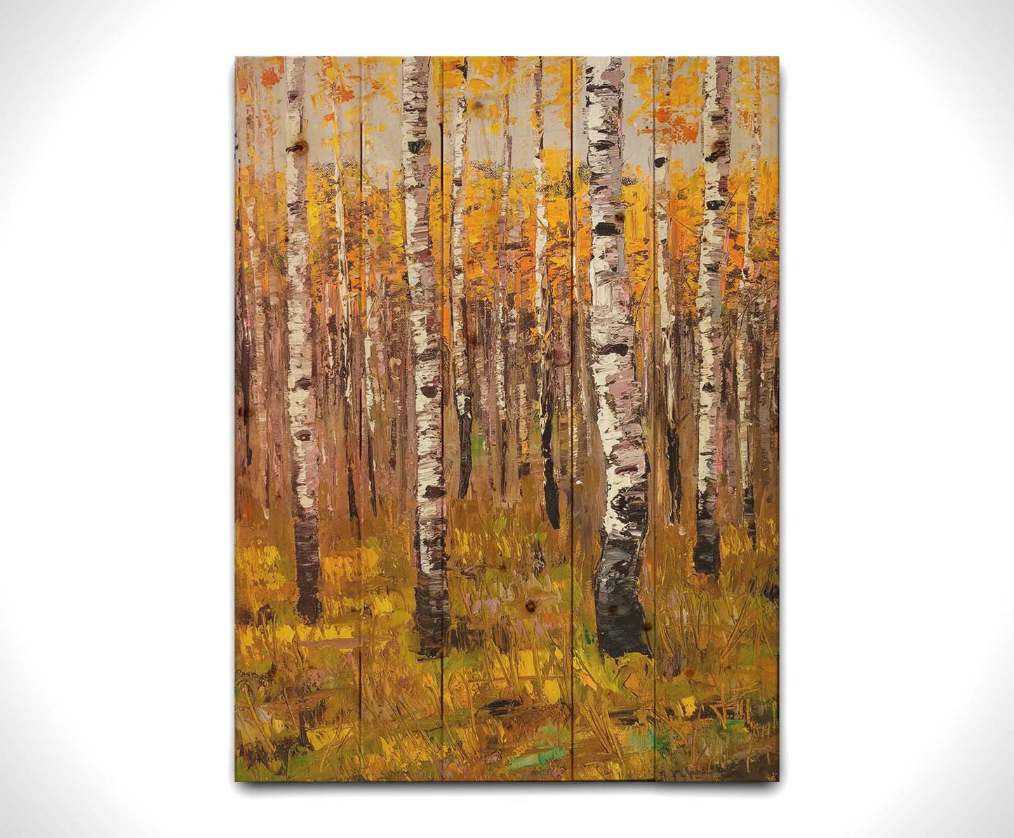 A painting of a yellow fall forest of birch trees. Printed on a wood pallet.