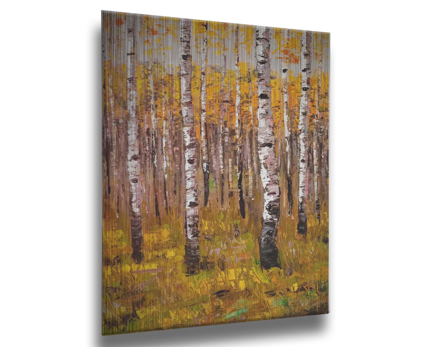 A painting of a yellow fall forest of birch trees. Printed on metal.