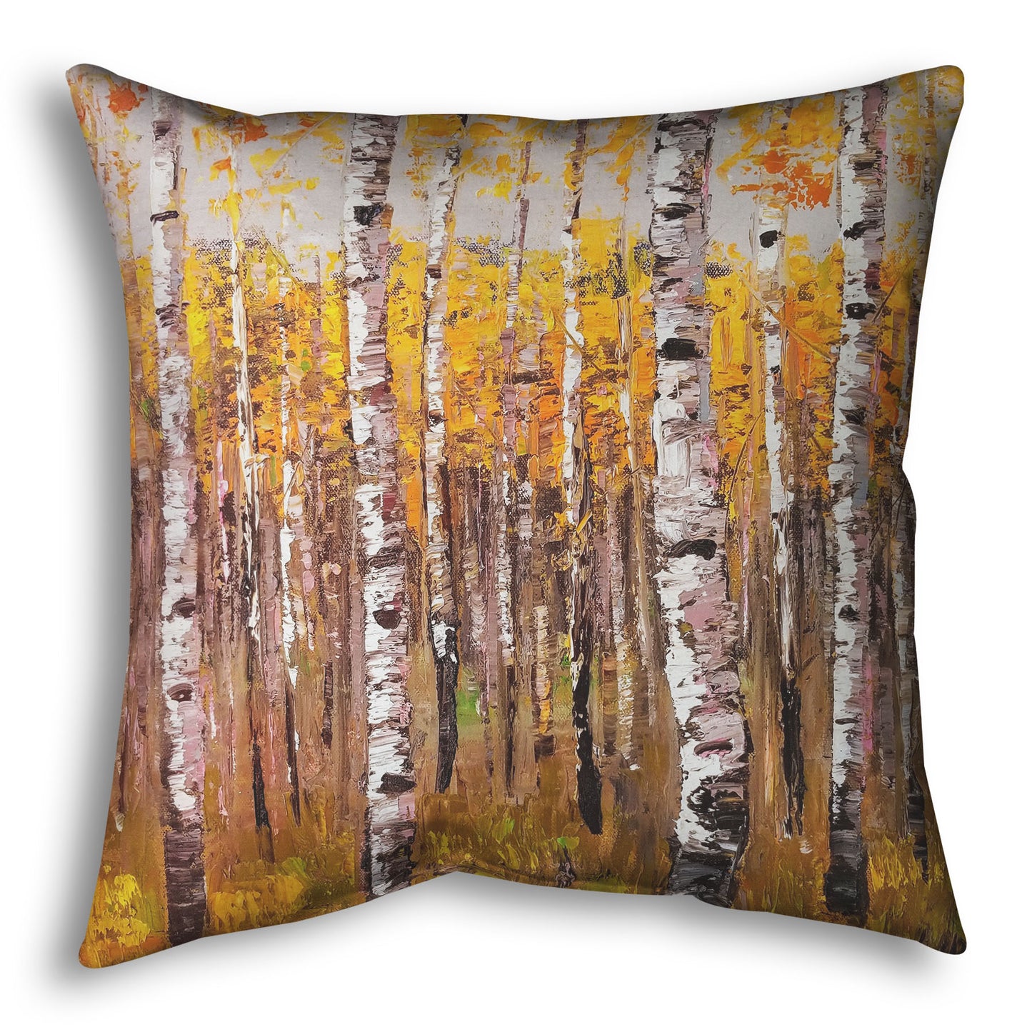 A square throw pillow designed with a painting of a yellow fall forest of birch trees.