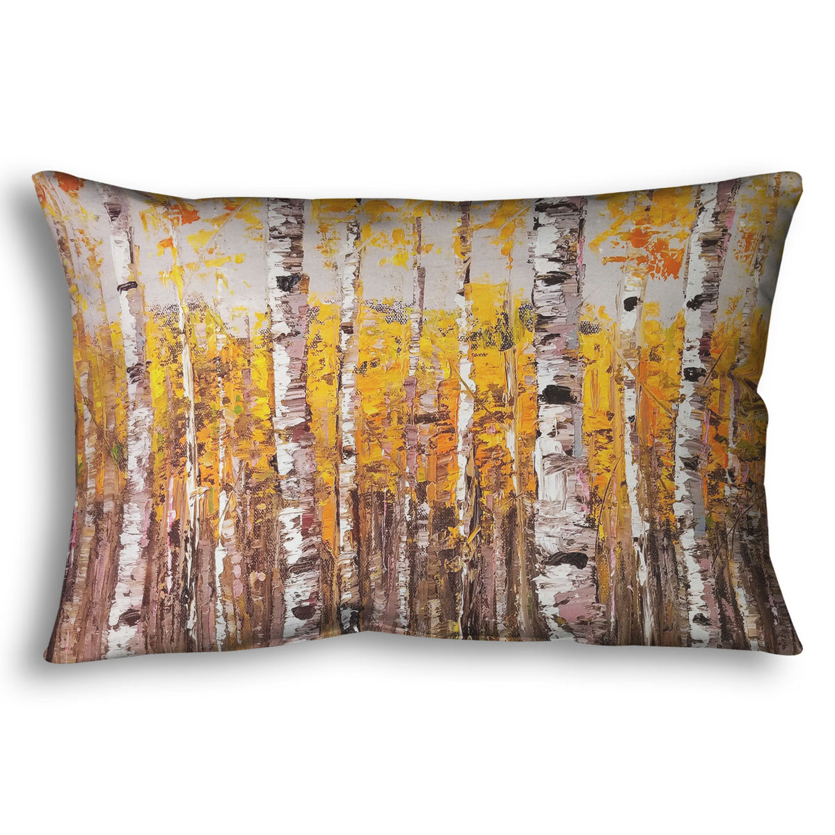 A rectangular throw pillow designed with a painting of a yellow fall forest of birch trees.