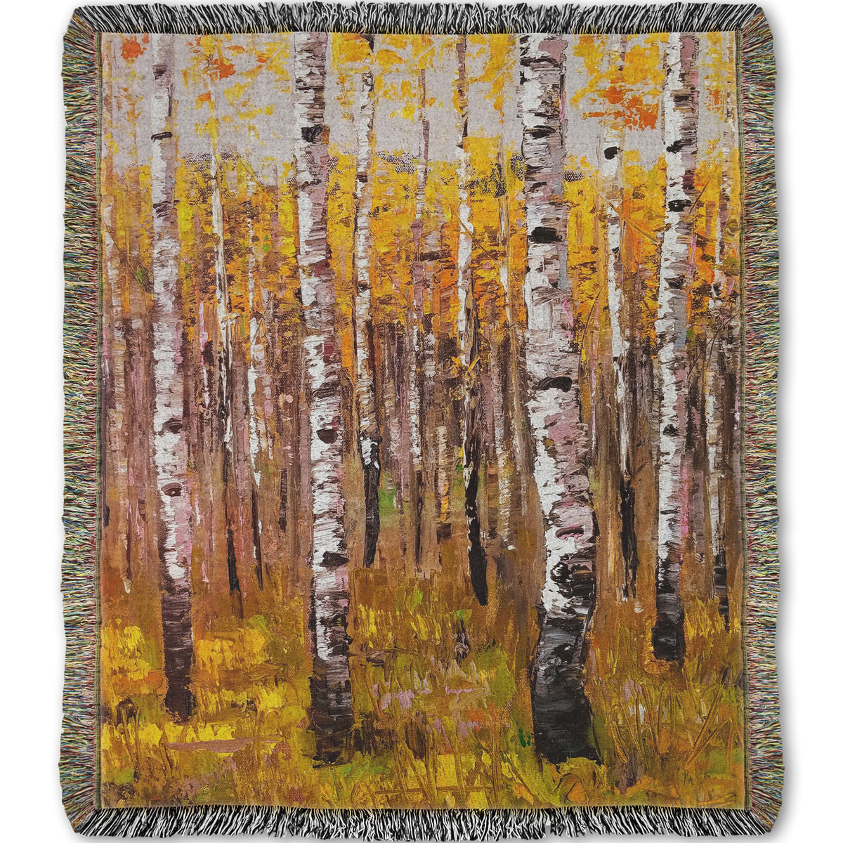 A woven throw blanket designed with a painting of a yellow fall forest of birch trees.