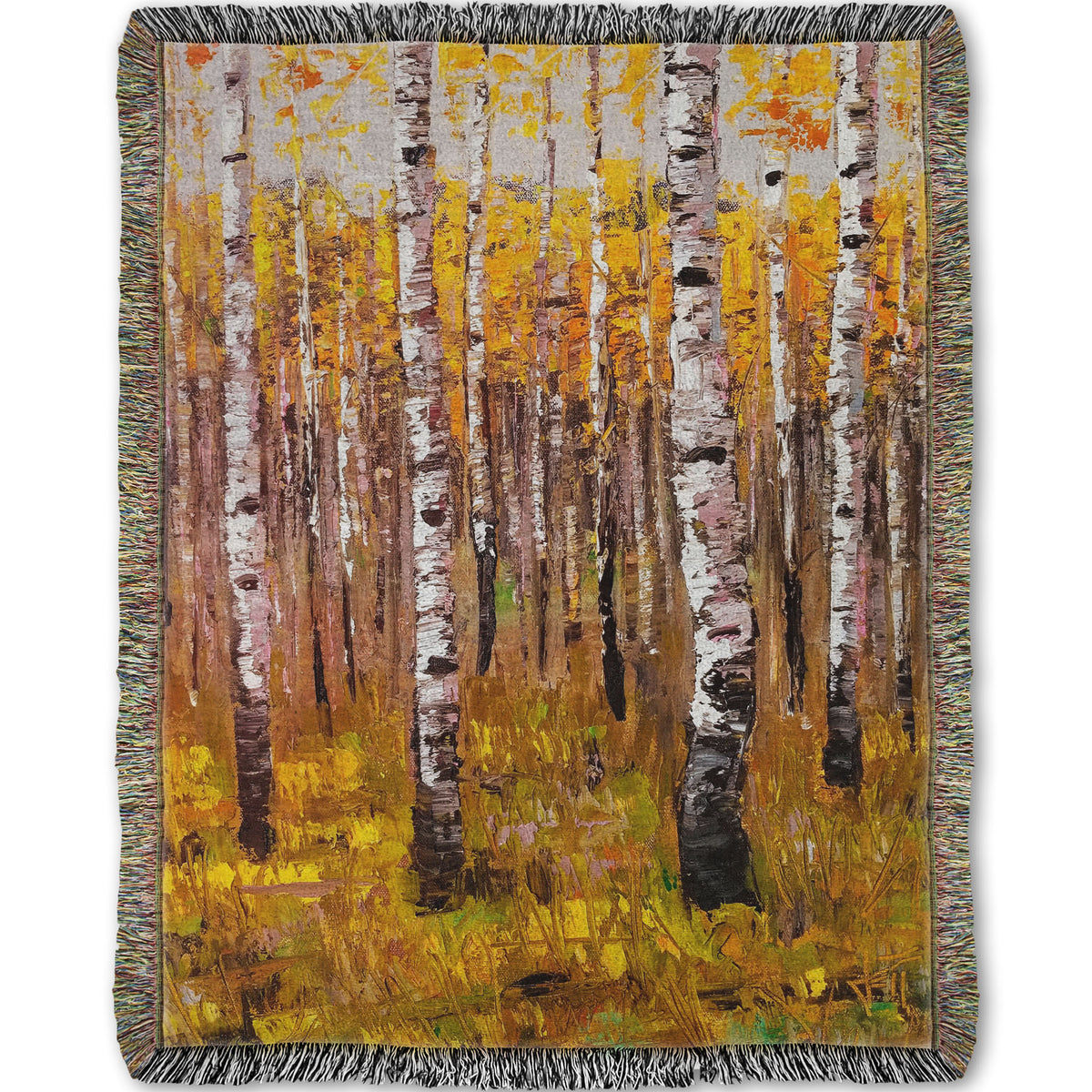 A woven throw blanket designed with a painting of a yellow fall forest of birch trees.