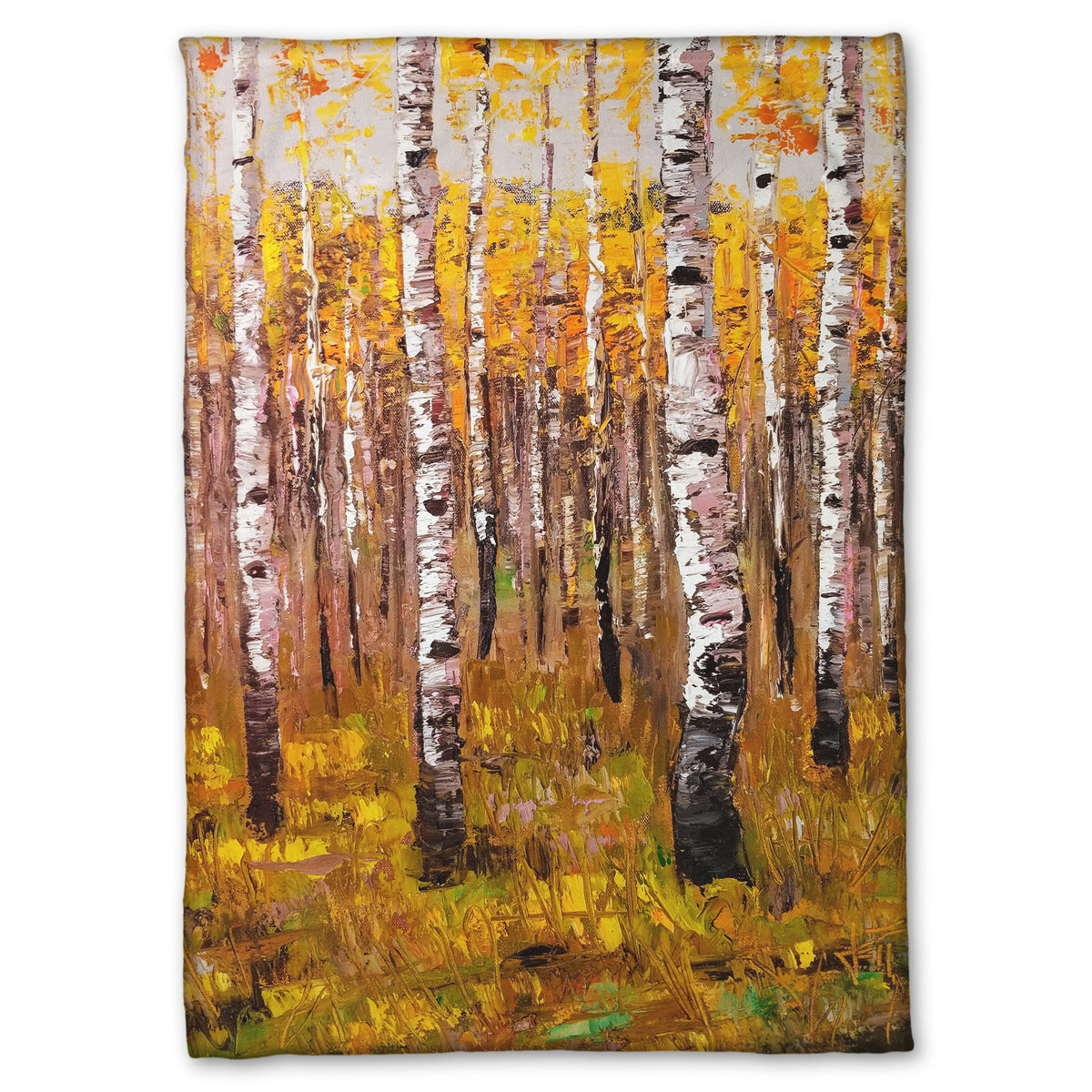 A fleece throw blanket designed with a painting of a yellow fall forest of birch trees.