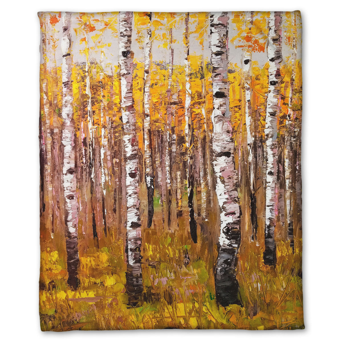 A fleece throw blanket designed with a painting of a yellow fall forest of birch trees.