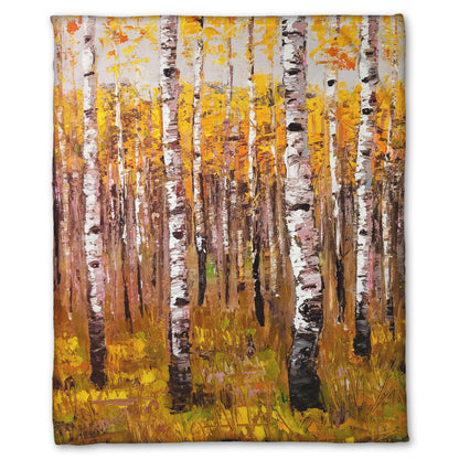 A fleece throw blanket designed with a painting of a yellow fall forest of birch trees.