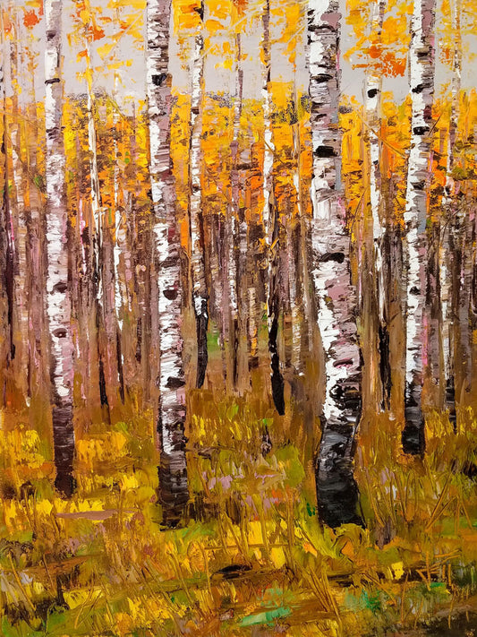 A painting of a yellow fall forest of birch trees.