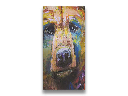 A painting of a bear's face closeup, accented with blue and yellow. Printed on canvas.