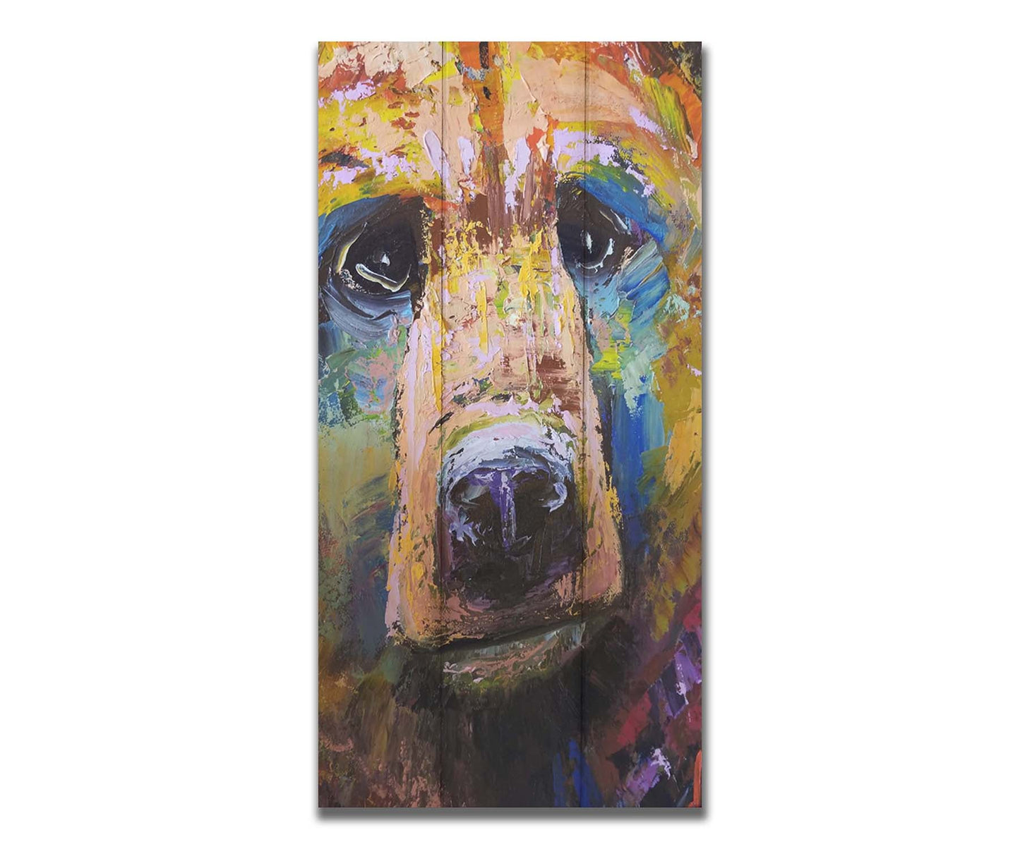 A painting of a bear's face closeup, accented with blue and yellow. Printed on a box board.