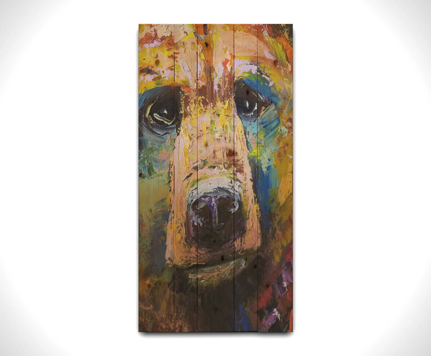 A painting of a bear's face closeup, accented with blue and yellow. Printed on a wood pallet.