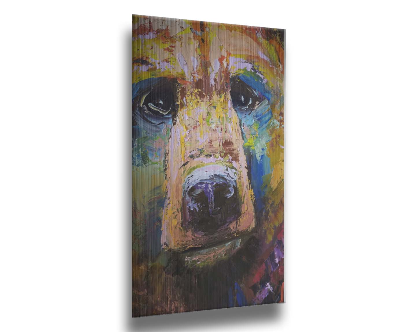 A painting of a bear's face closeup, accented with blue and yellow. Printed on metal.