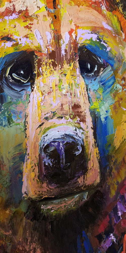 A painting of a bear's face closeup, accented with blue and yellow.