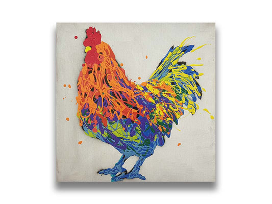 A drip painting of a multicolored rooster on a white background. Printed on canvas.