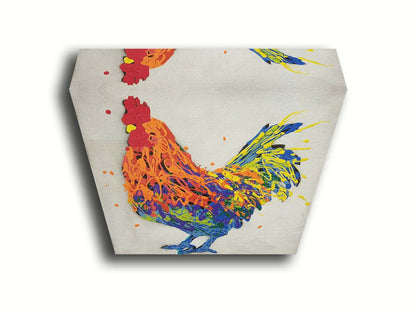 A drip painting of a multicolored rooster on a white background. Printed on canvas.