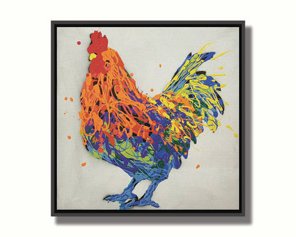 A drip painting of a multicolored rooster on a white background. Printed on canvas in a float frame.