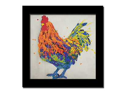 A drip painting of a multicolored rooster on a white background. Printed on canvas and framed.