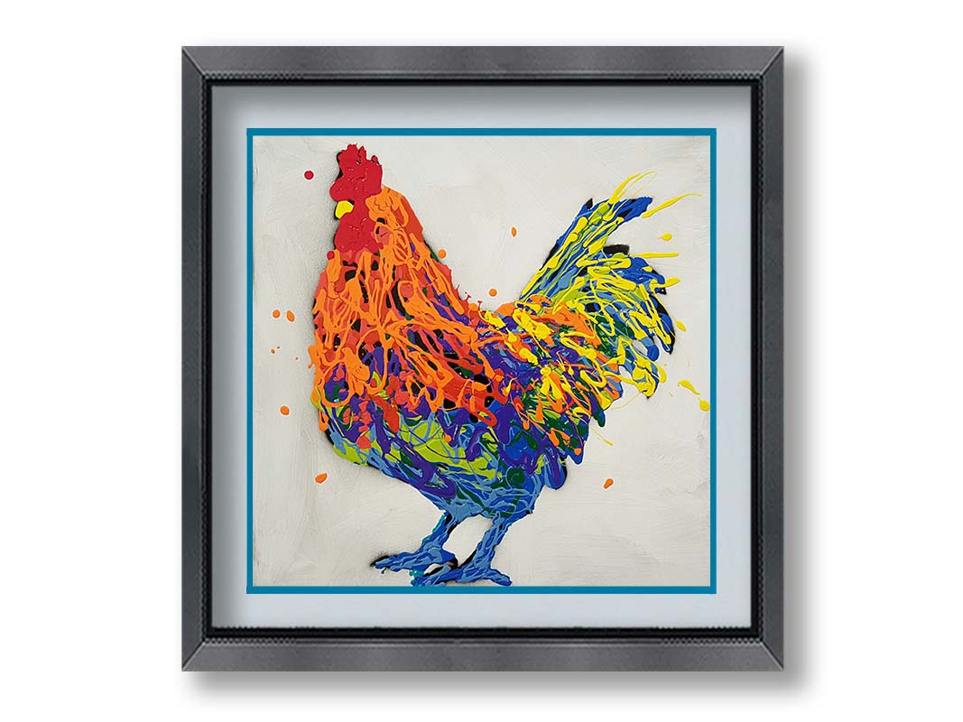 A drip painting of a multicolored rooster on a white background. Printed on paper, matted, and framed.