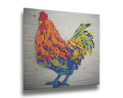 A drip painting of a multicolored rooster on a white background. Printed on metal.