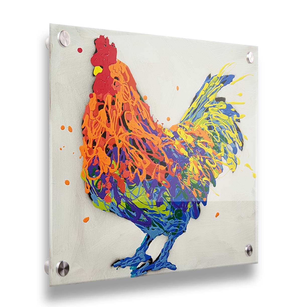 A drip painting of a multicolored rooster on a white background. Printed on acrylic.