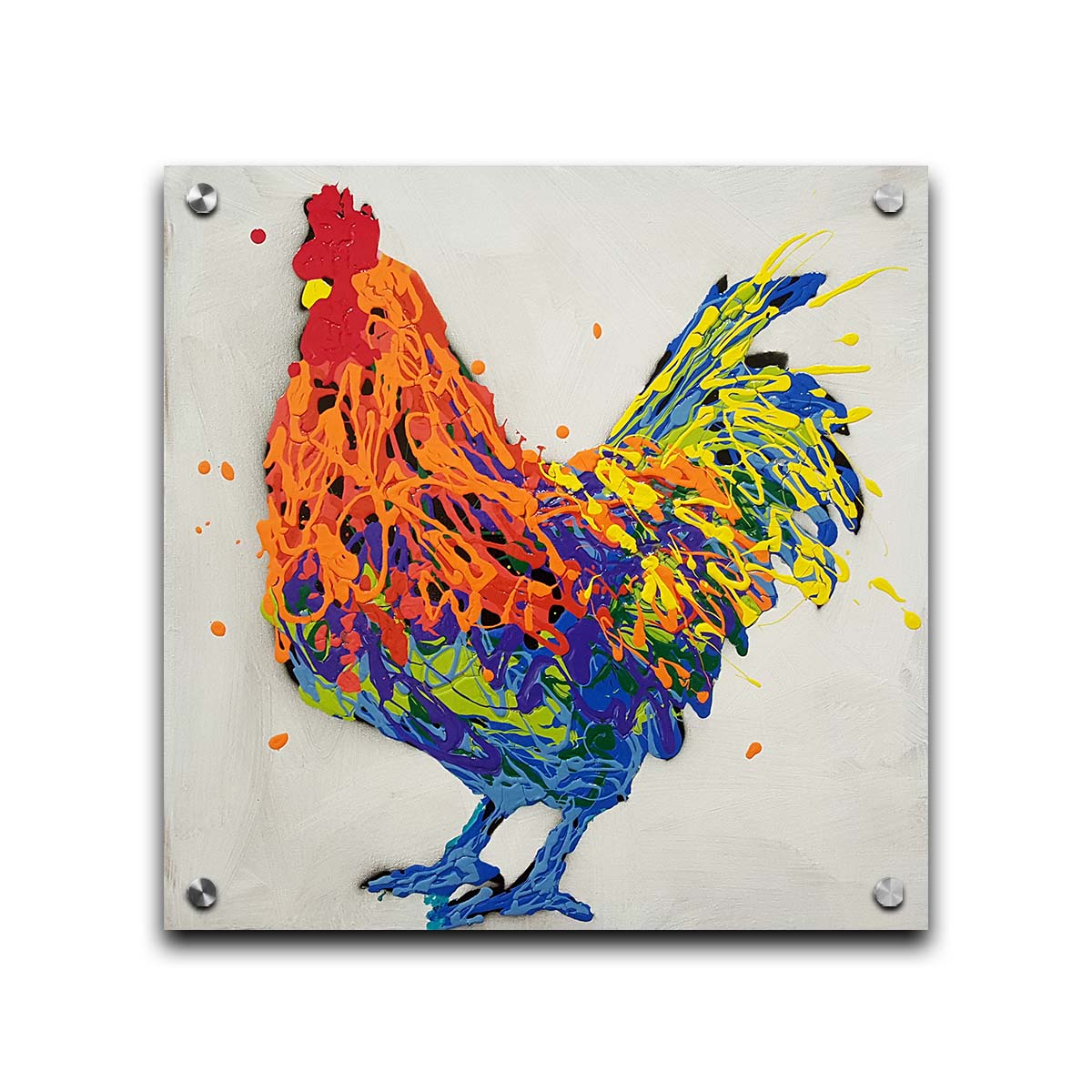 A drip painting of a multicolored rooster on a white background. Printed on acrylic.