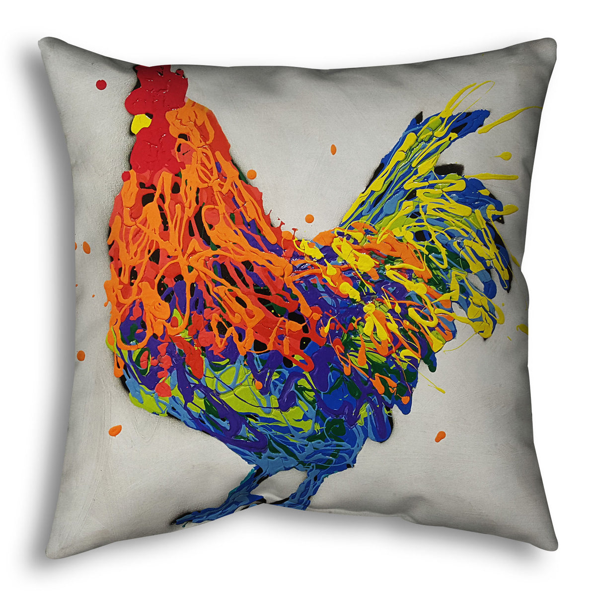 A square throw pillow designed with a drip painting of a multicolored rooster on a white background.