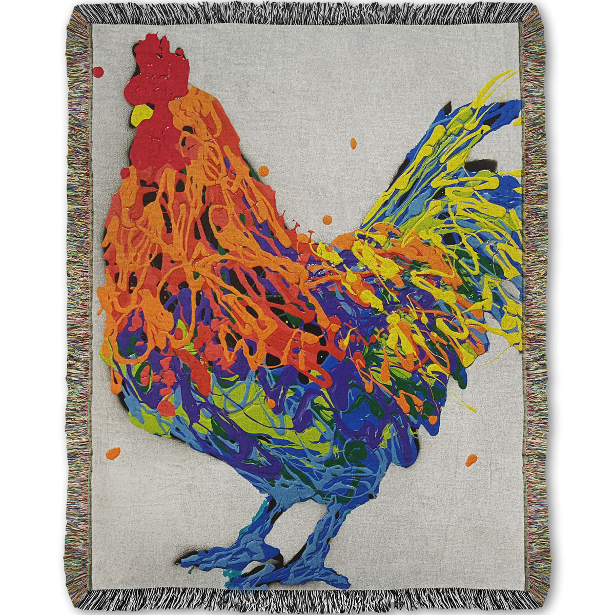 A woven blanket designed with a drip painting of a multicolored rooster on a white background.