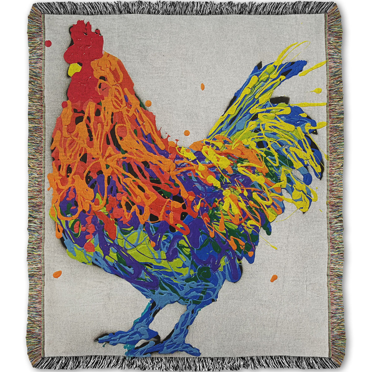 A woven blanket designed with a drip painting of a multicolored rooster on a white background.