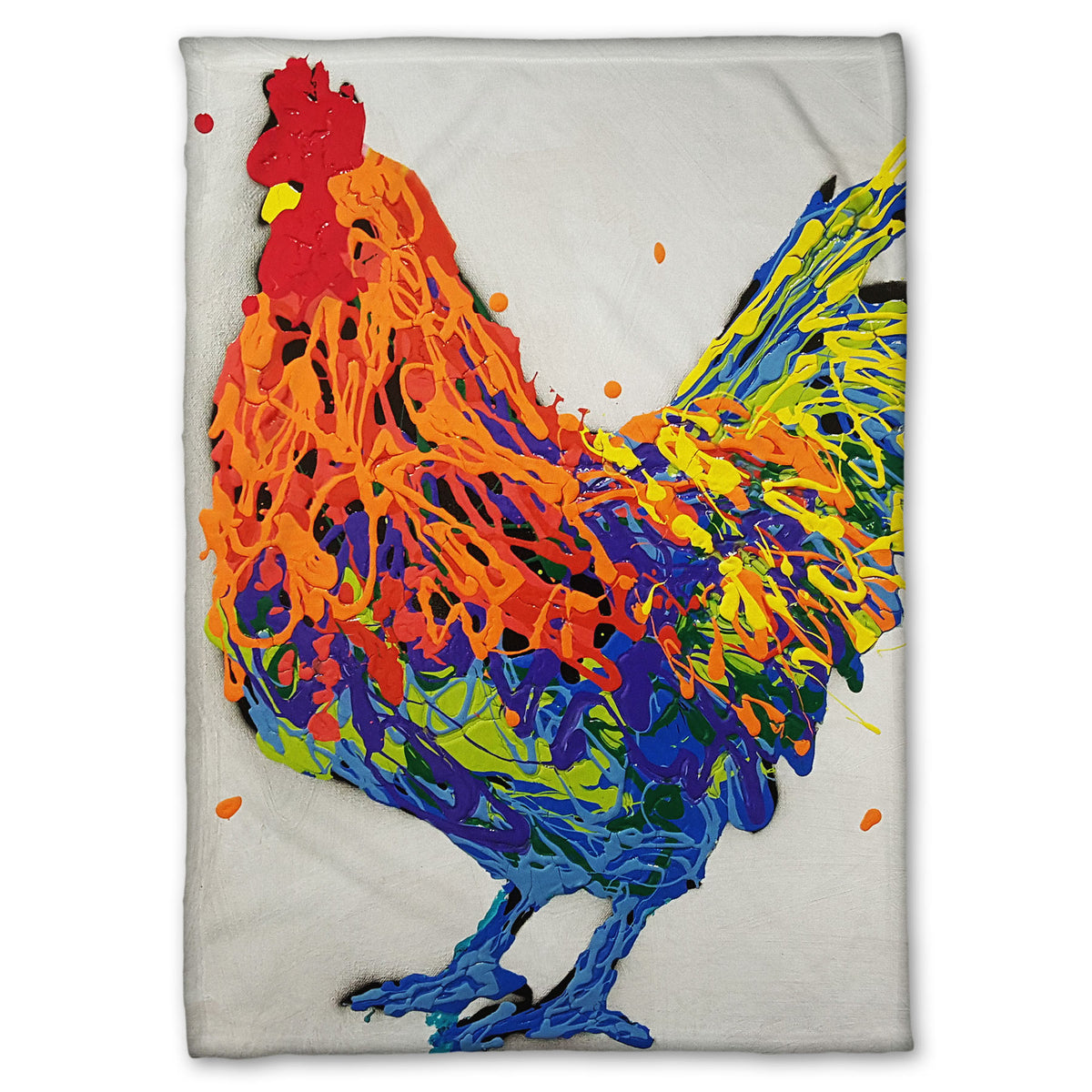 A fleece blanket designed with a drip painting of a multicolored rooster on a white background.