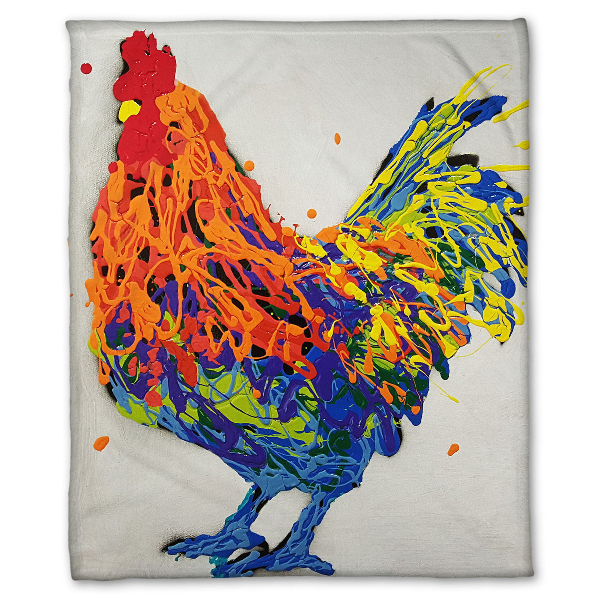 A fleece blanket designed with a drip painting of a multicolored rooster on a white background.