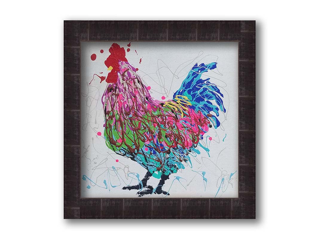 A drip painting of a pruple, pink, green, and blue rooster on a whie background. Printed on canvas and framed.