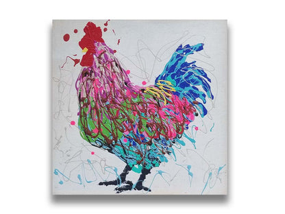 A drip painting of a pruple, pink, green, and blue rooster on a whie background. Printed on canvas.