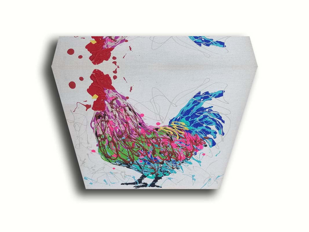 A drip painting of a pruple, pink, green, and blue rooster on a whie background. Printed on canvas.