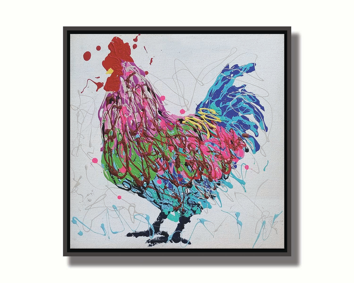 A drip painting of a pruple, pink, green, and blue rooster on a whie background. Printed on canvas in a float frame.