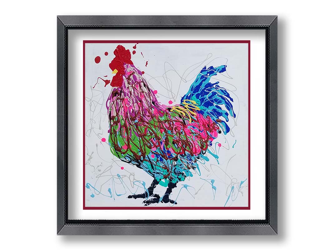 A drip painting of a pruple, pink, green, and blue rooster on a whie background. Printed on paper, matted, and framed.