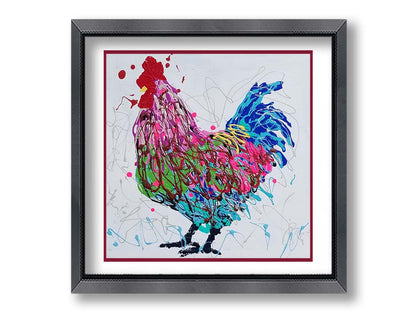 A drip painting of a pruple, pink, green, and blue rooster on a whie background. Printed on paper, matted, and framed.