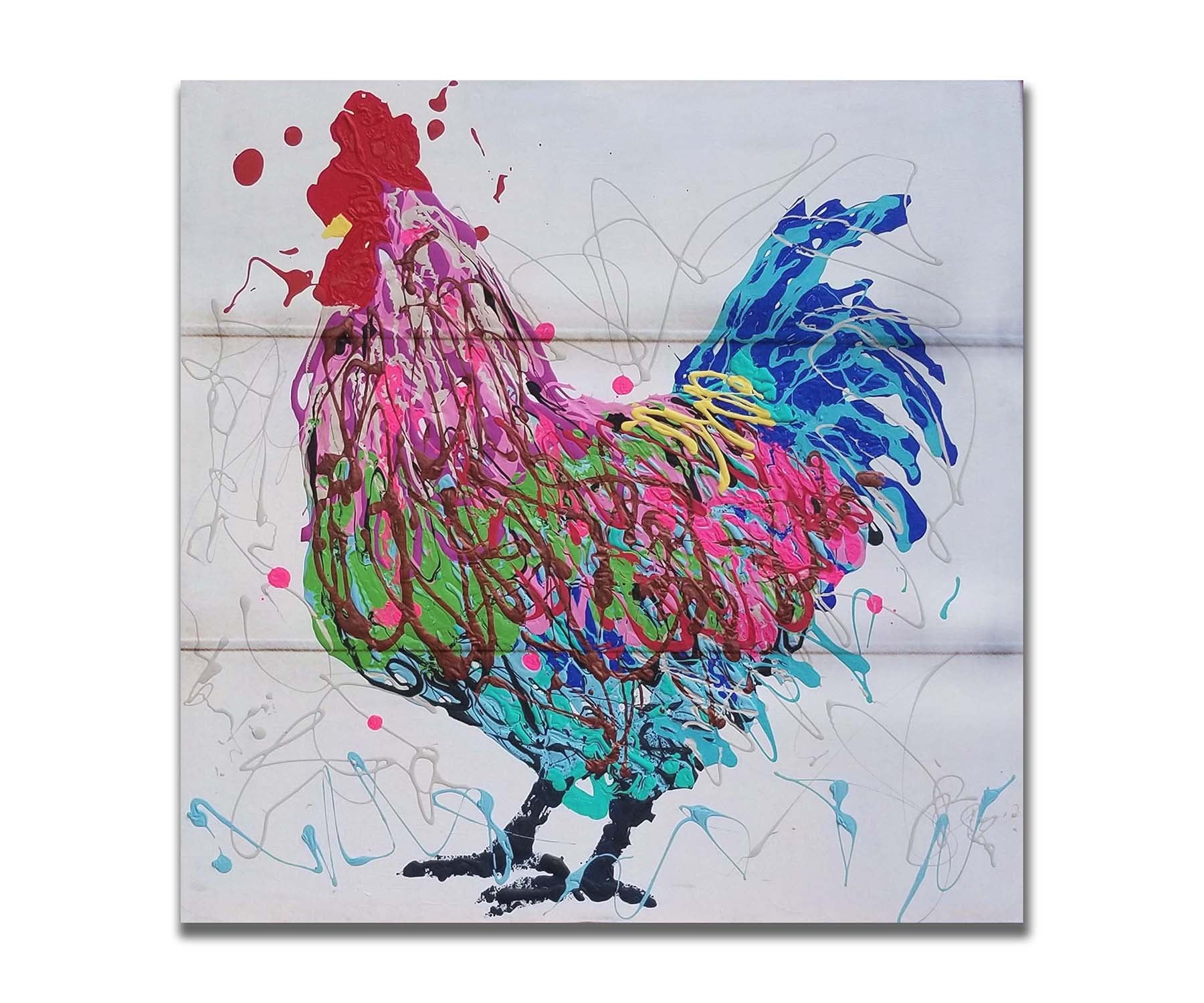 A drip painting of a pruple, pink, green, and blue rooster on a whie background. Printed on a box board.