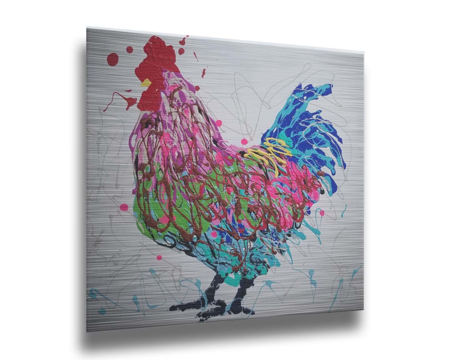 A drip painting of a pruple, pink, green, and blue rooster on a whie background. Printed on metal.