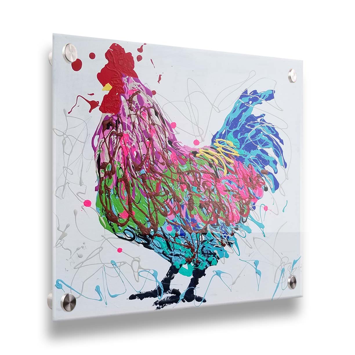 A drip painting of a pruple, pink, green, and blue rooster on a whie background. Printed on acrylic.