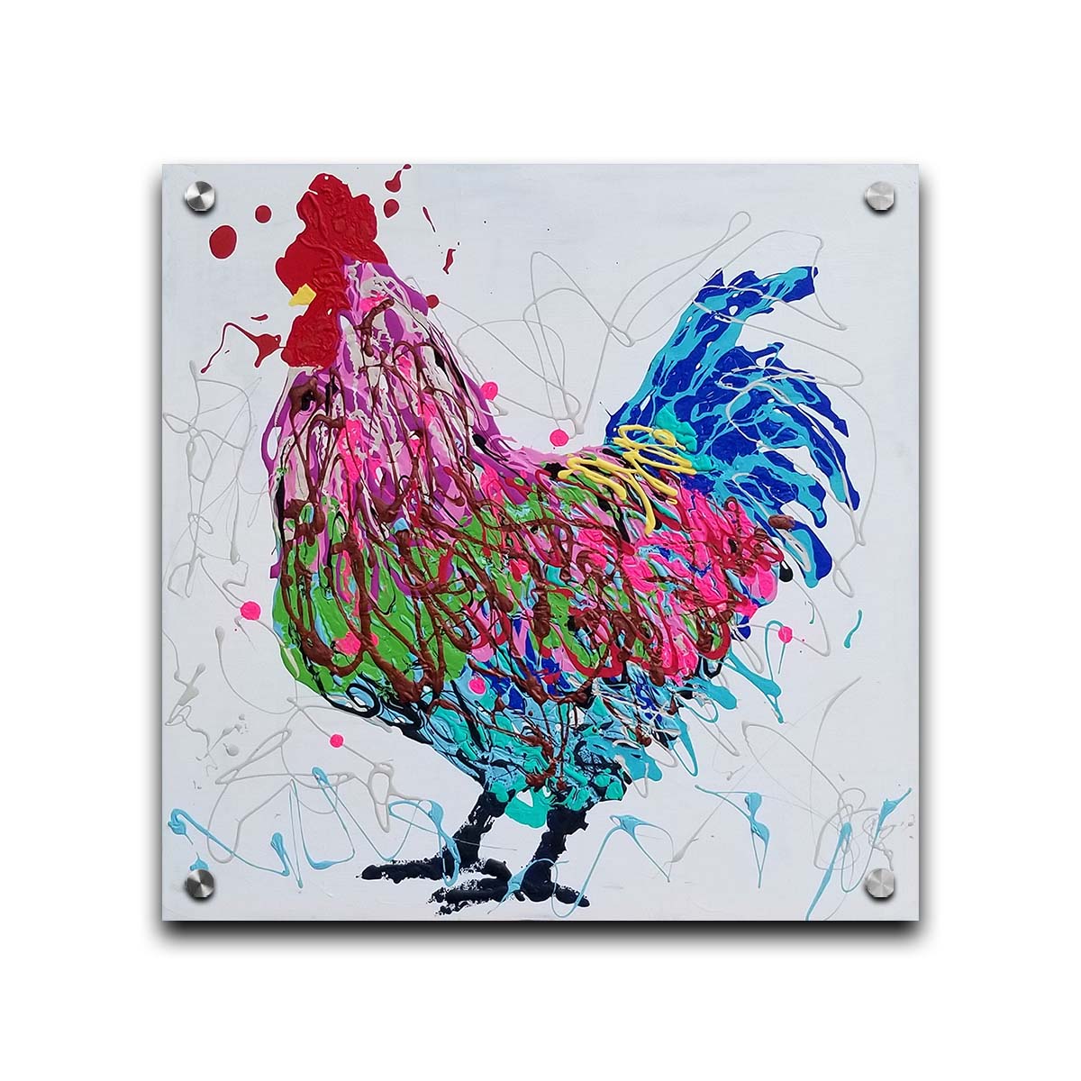 A drip painting of a pruple, pink, green, and blue rooster on a whie background. Printed on acrylic.