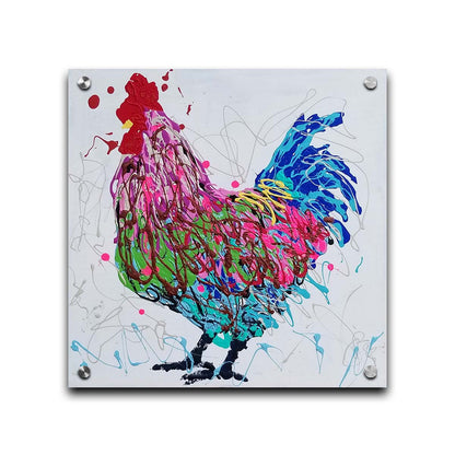 A drip painting of a pruple, pink, green, and blue rooster on a whie background. Printed on acrylic.