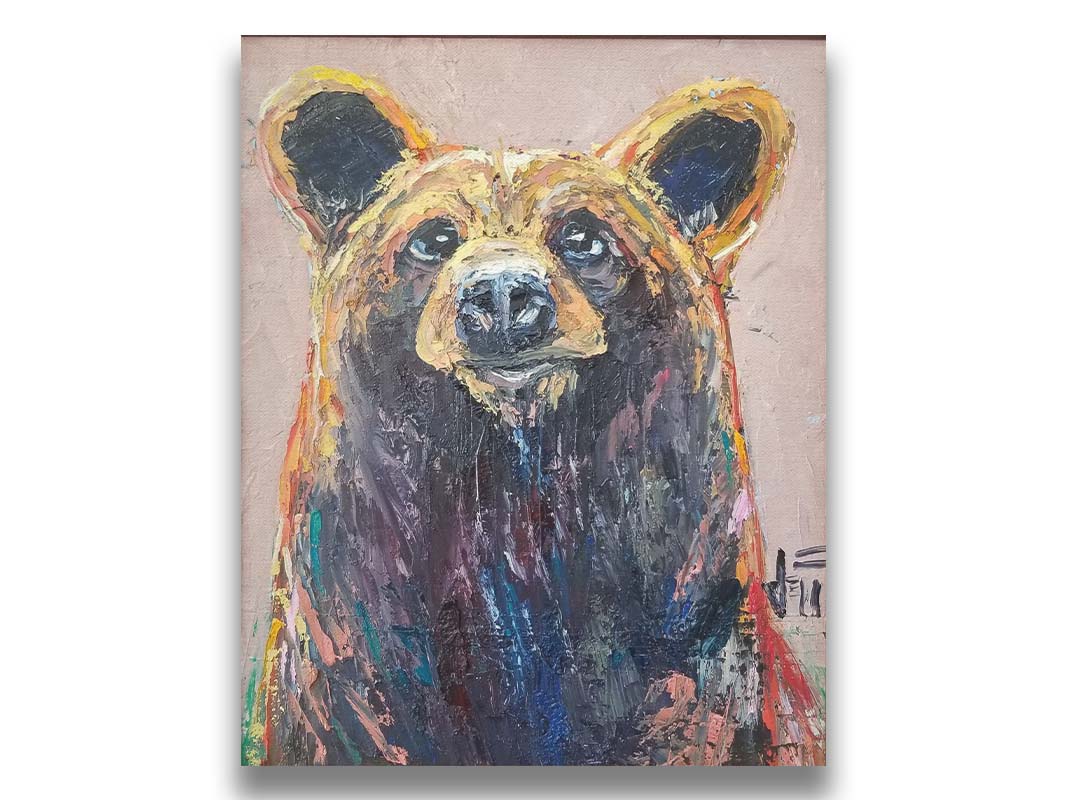 A painting of a bear's face created in highly textured layers of paint accented with a full spectrum of arbitrary color. Printed on canvas.